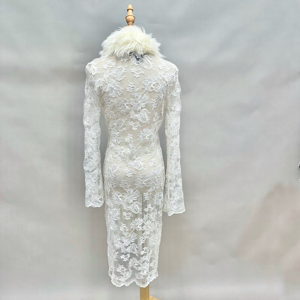 Vintage Y2k Moda International White Lace Duster Faux Fur Trim Sz XS Penny Lane - Picture 4 of 15
